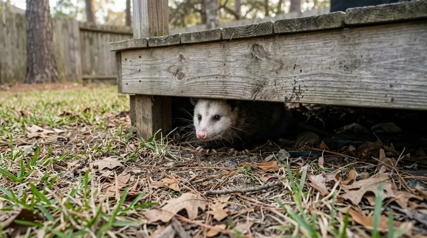 Opossum under a deck at a Conroe home