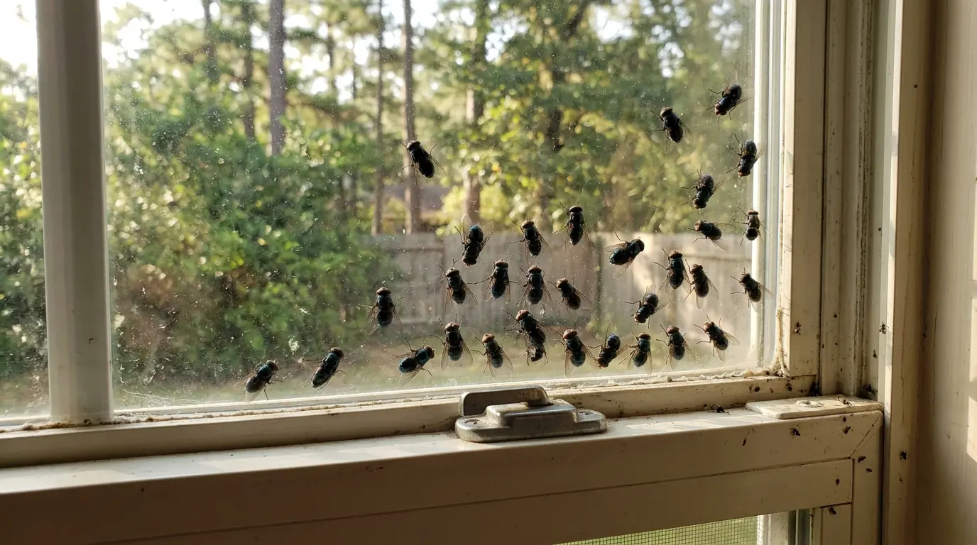 Blow flies at a Conroe window from a dead animal
