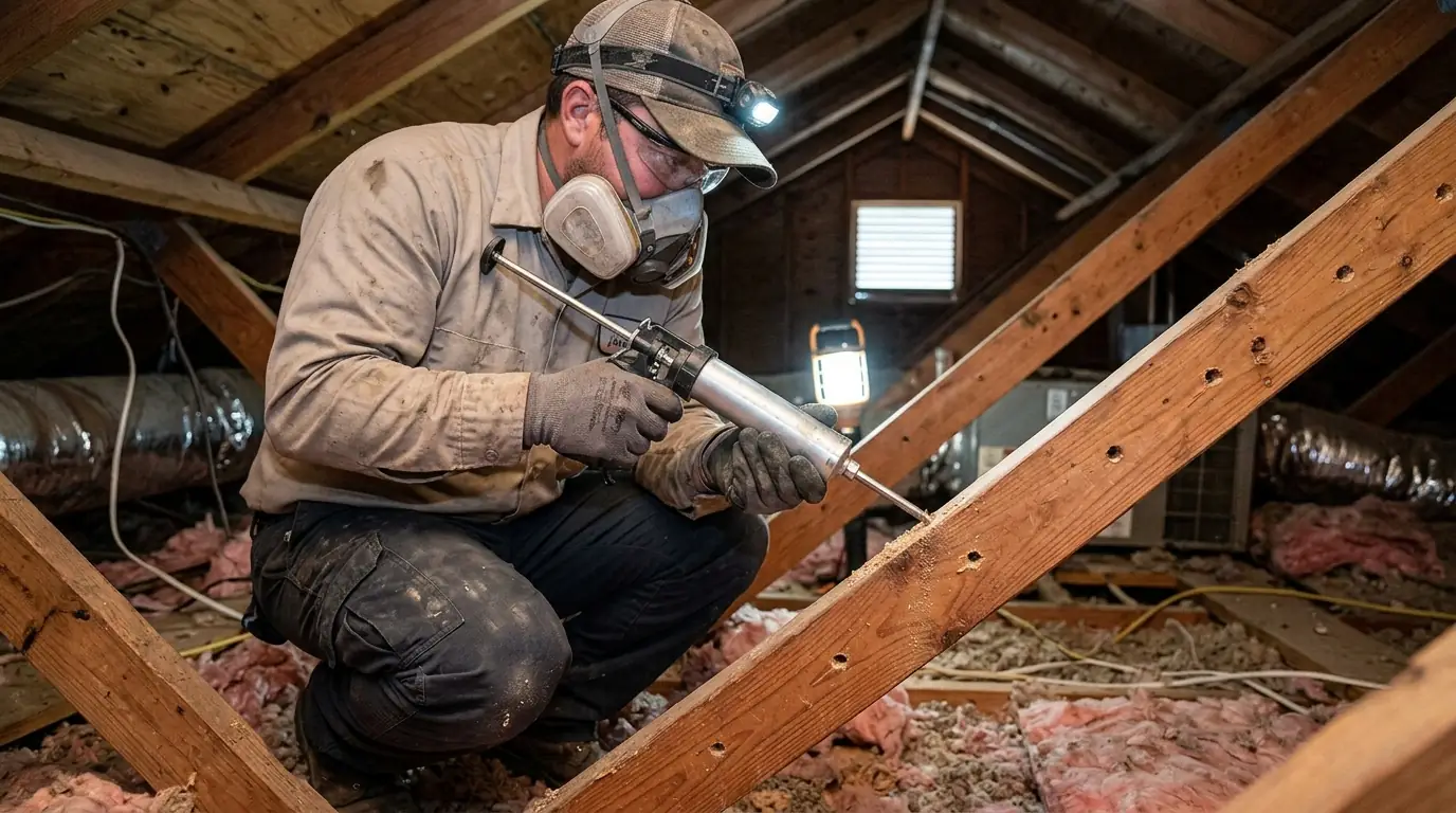 Direct wood injection treating drywood termites in a Conroe attic