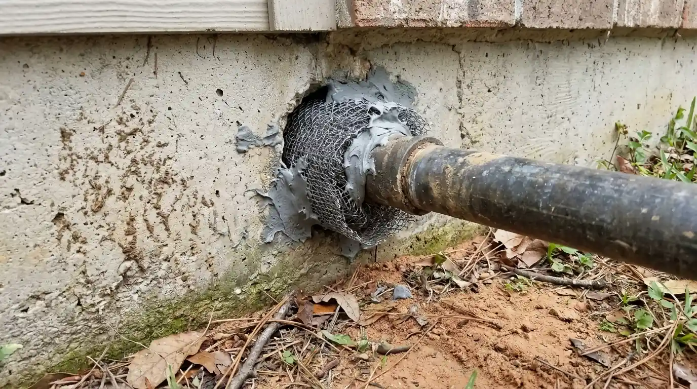 Utility penetration sealed against mice in Conroe