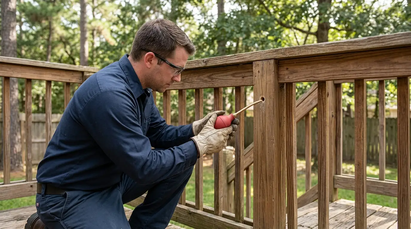Treating a carpenter bee gallery on a Conroe deck rail