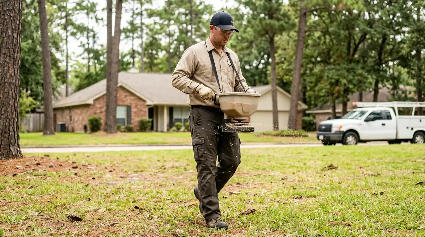 Broadcast fire ant baiting across a Conroe yard