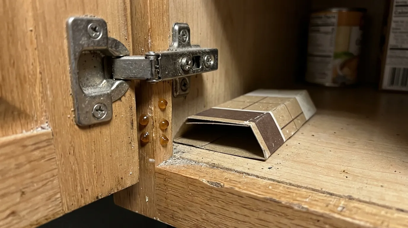 Roach bait and monitor in a Conroe kitchen cabinet