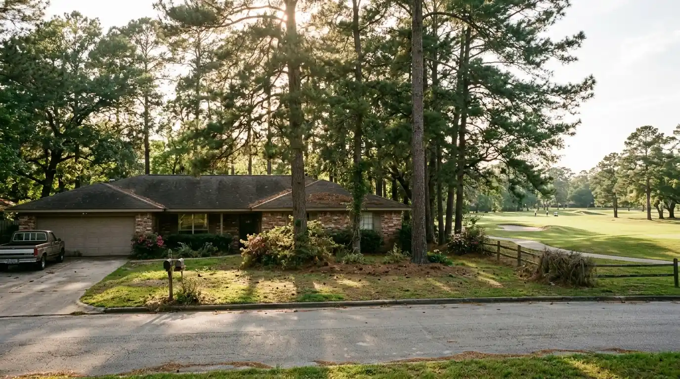 Older home under mature trees in River Plantation, Conroe