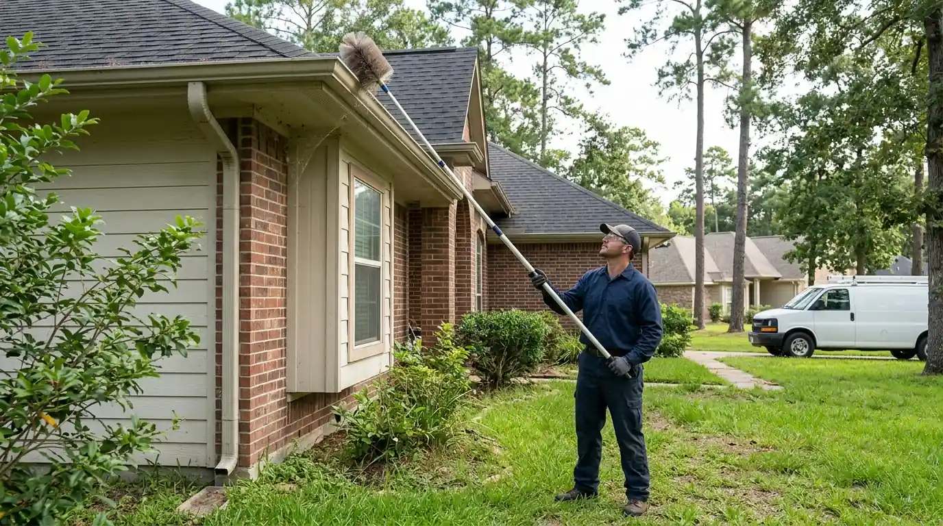 De-webbing service on a Conroe home's eaves