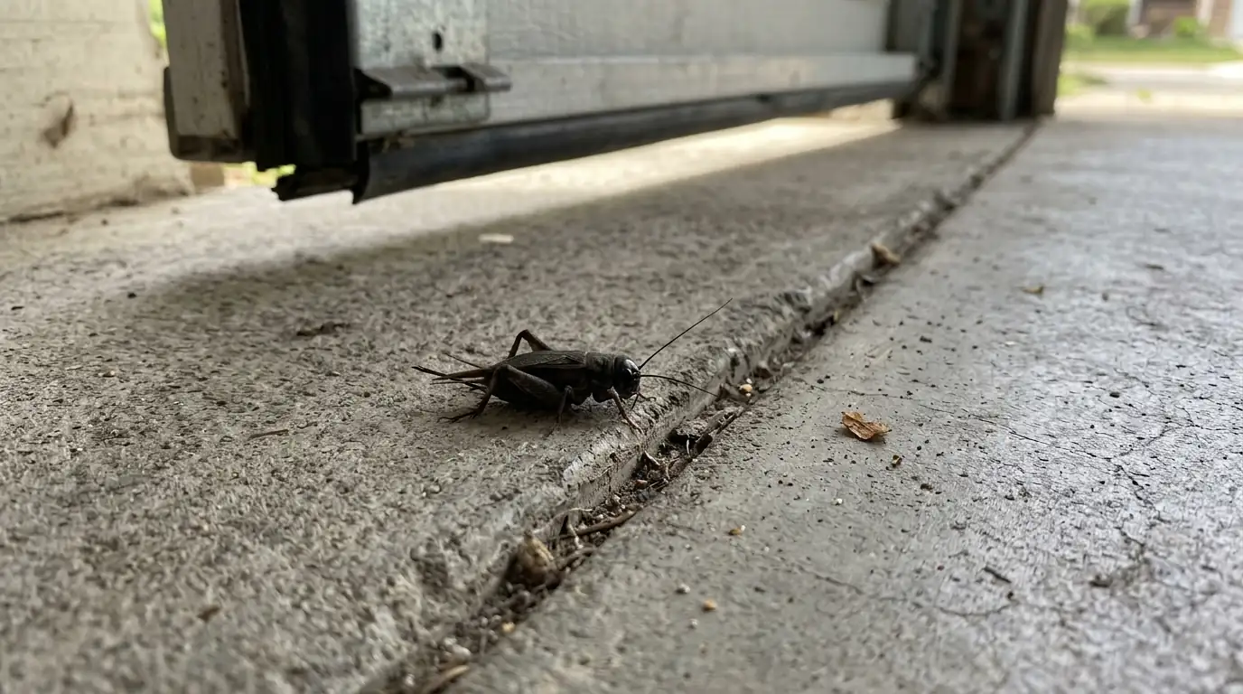 Field cricket at a Conroe garage slab joint