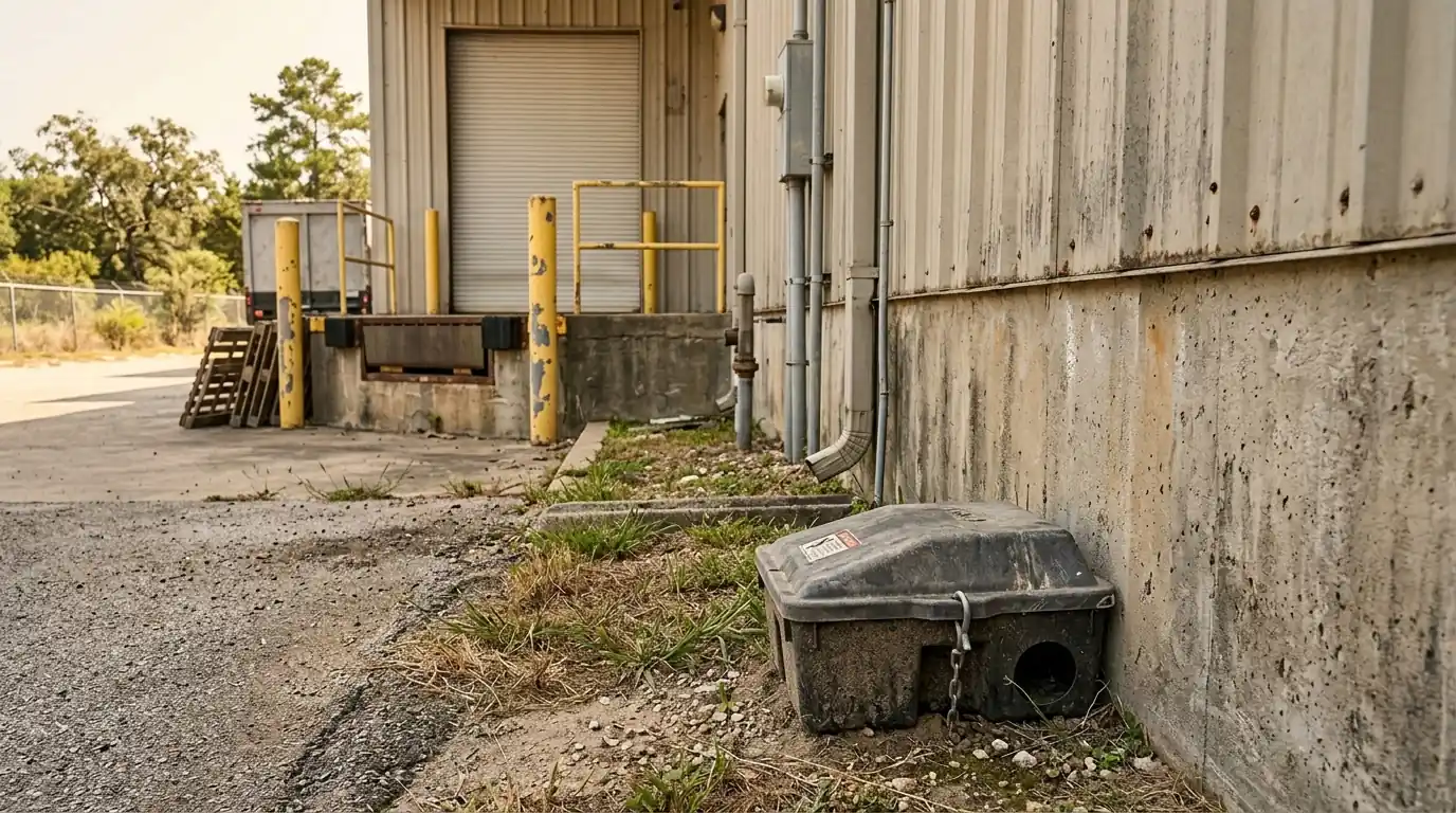 Rodent bait station at a Conroe warehouse