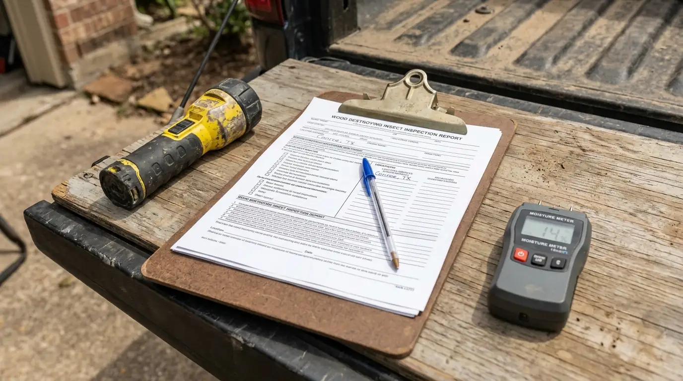 Texas WDI termite report paperwork for a Conroe home sale