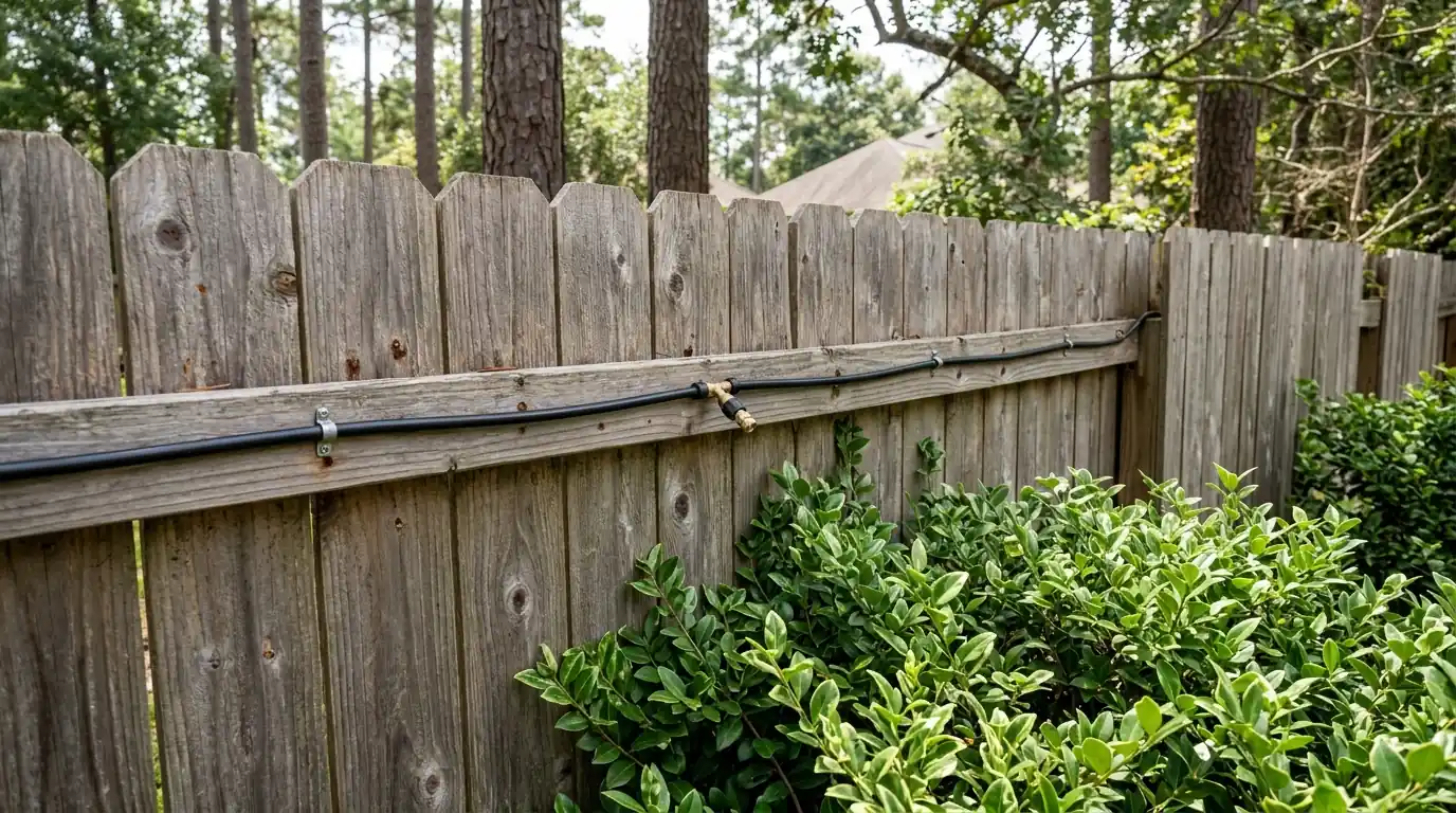 Misting nozzle on a Conroe backyard fence