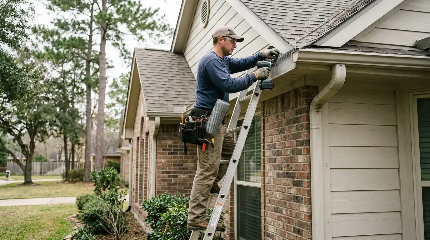 Rodent exclusion work on a Conroe roofline
