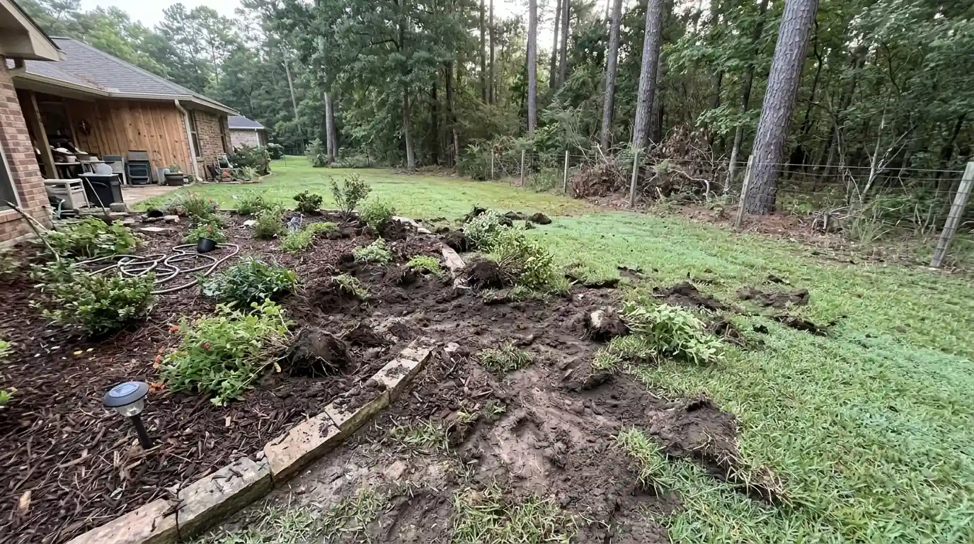 Lawn damage from feral hogs near Conroe