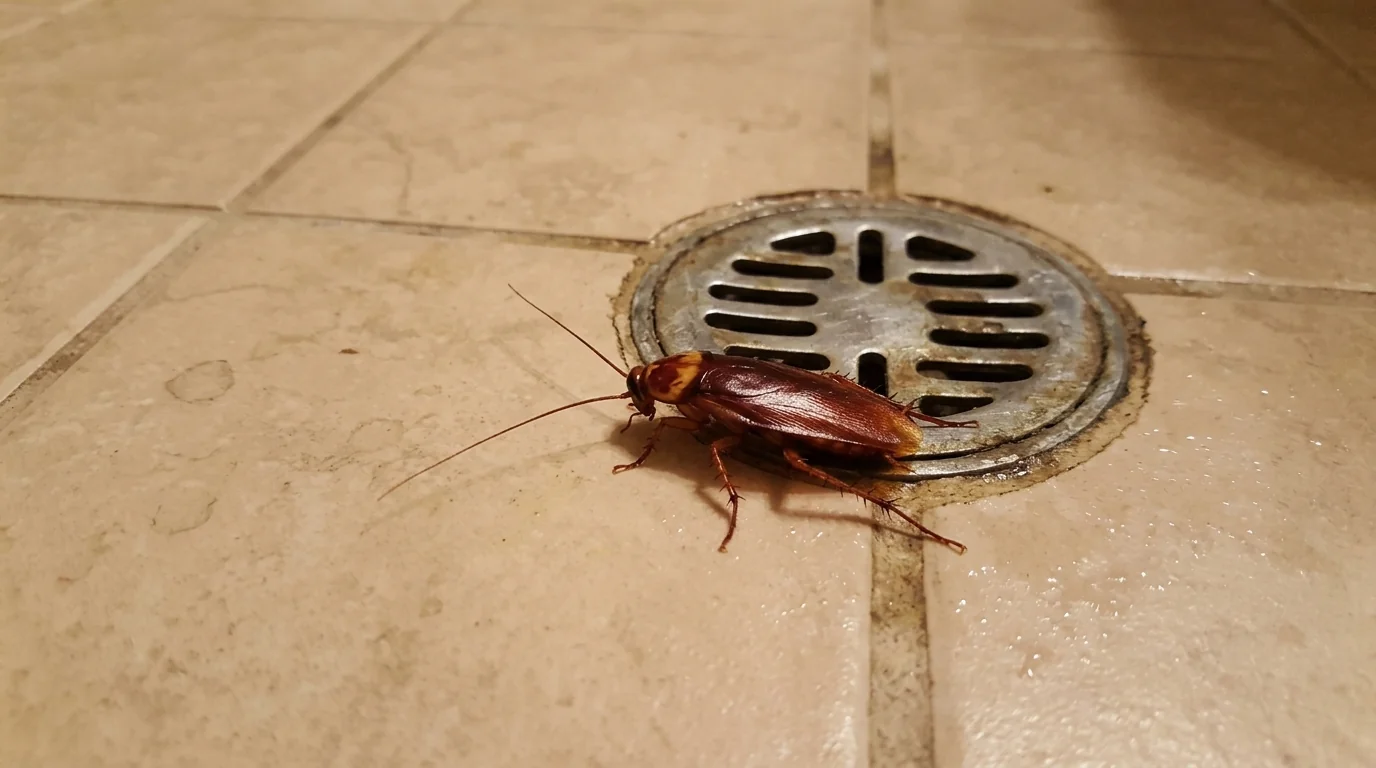Palmetto bug near a bathroom drain in a Conroe home
