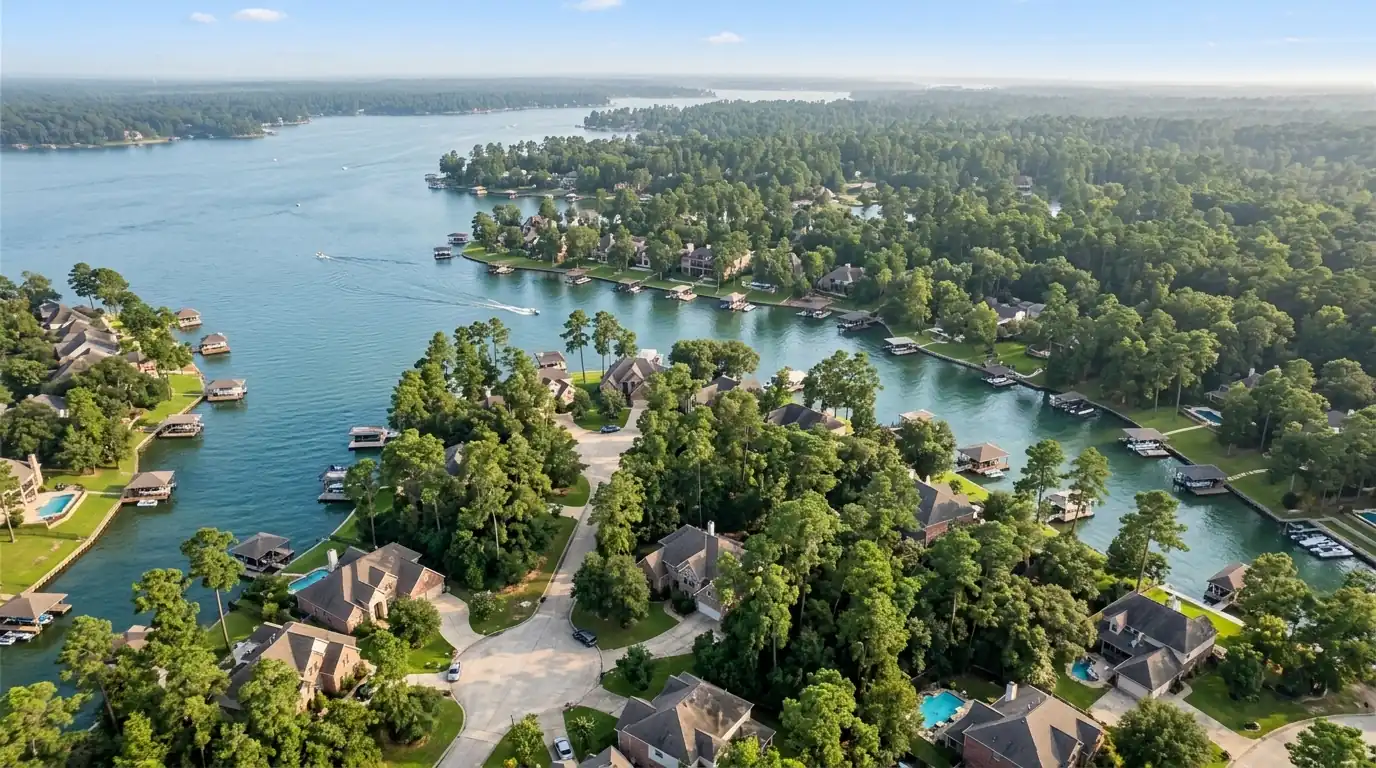 Pest control route map pinned around Conroe and Lake Conroe, Texas