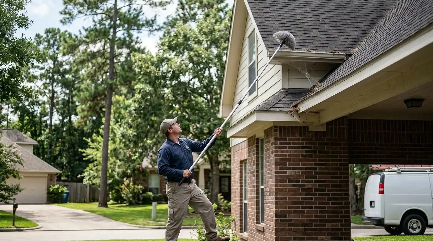 Eave and soffit web sweep during a Conroe quarterly visit