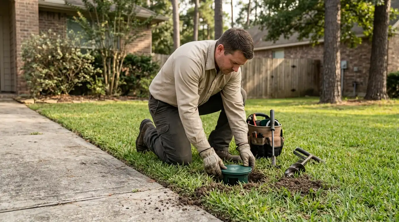 Termite bait station installed in a Conroe lawn