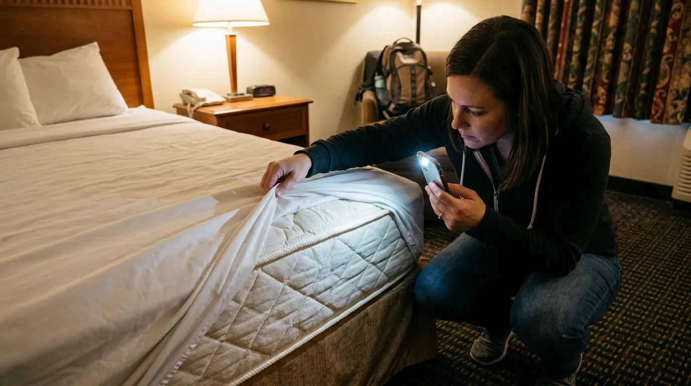 Checking a hotel mattress for bed bugs
