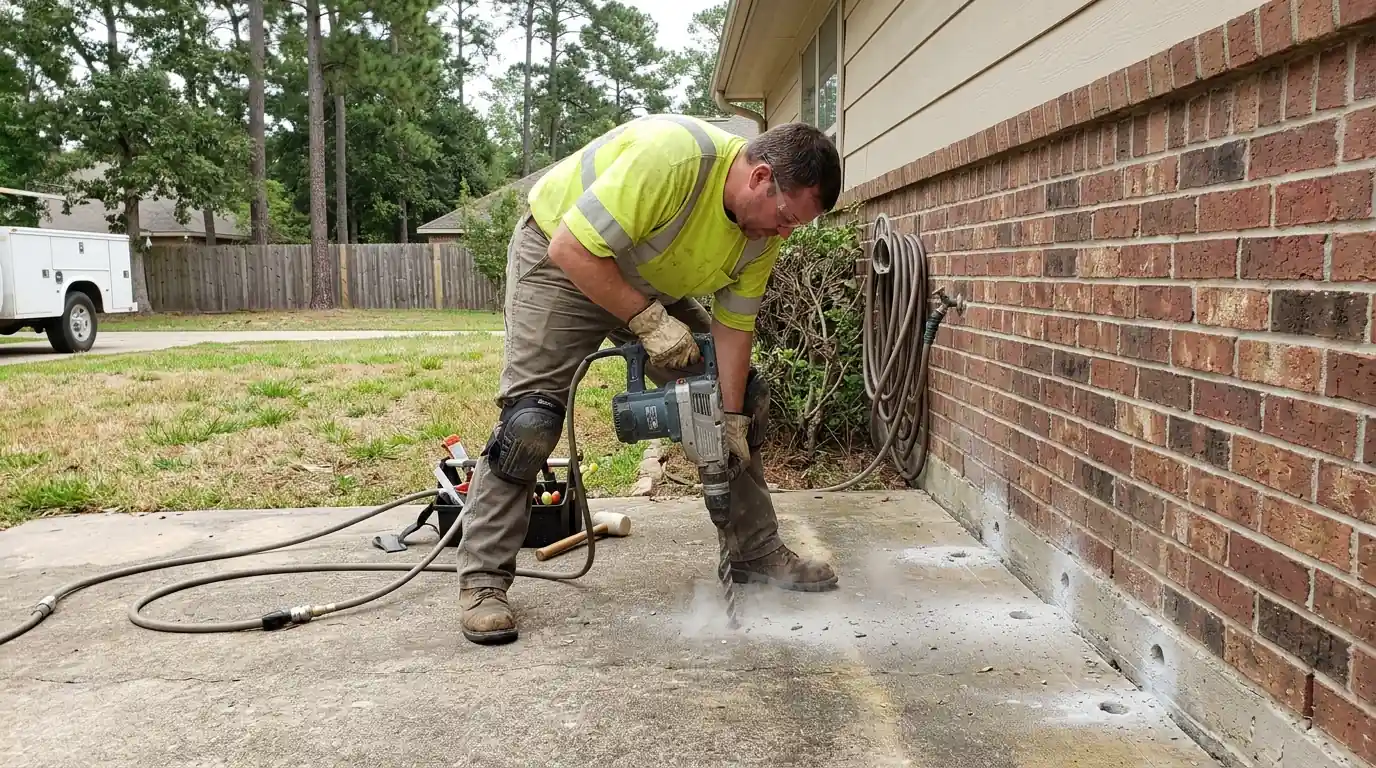 Drilling concrete for termite treatment in Conroe