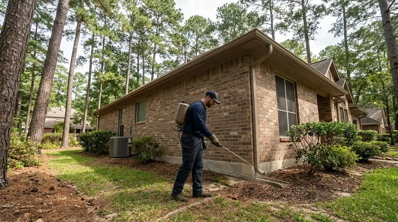 Foundation treatment under pine canopy in Montgomery County