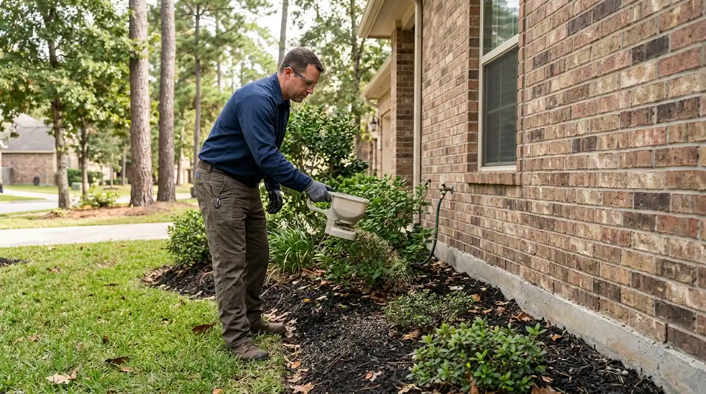 Granular bait treatment in a Conroe mulch bed for large roaches