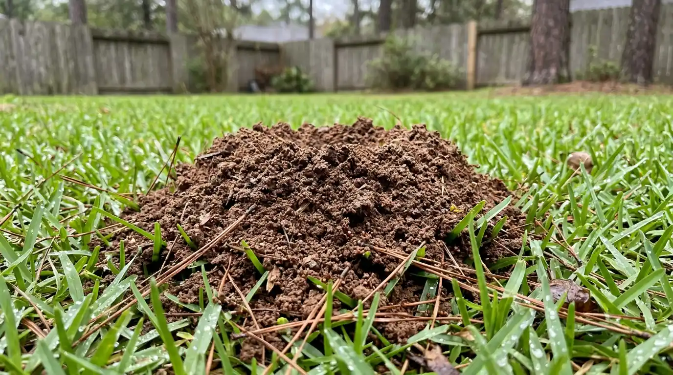 Fire ant mound in a Conroe lawn after rain