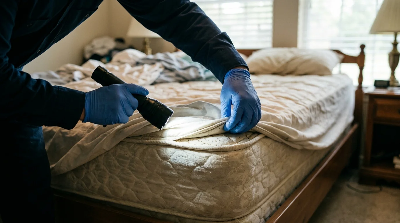 Bed bug inspection of a Conroe mattress seam