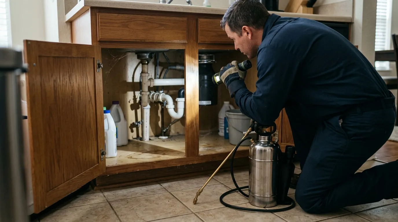 Kitchen inspection during a Conroe home pest inspection
