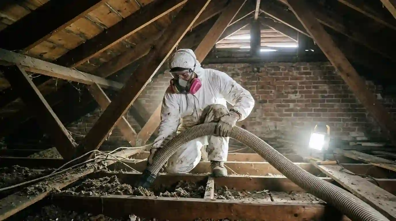 Contaminated insulation removal in a Conroe attic