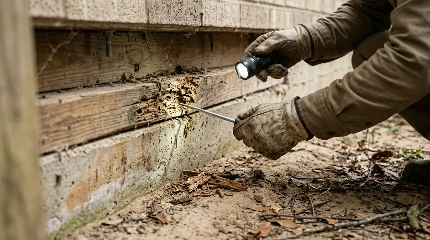 Termite inspector probing a sill plate at a Conroe home