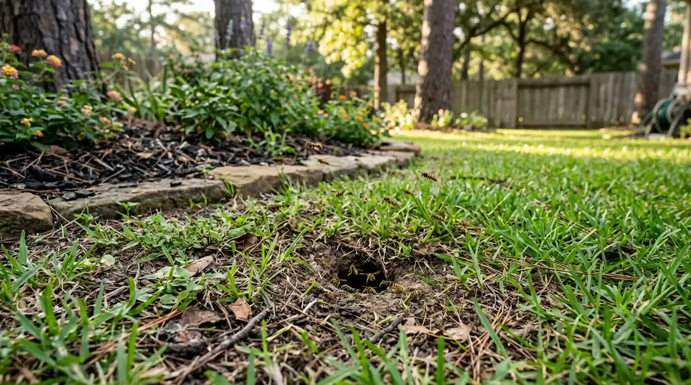 Yellow jacket ground nest entrance in a Conroe lawn