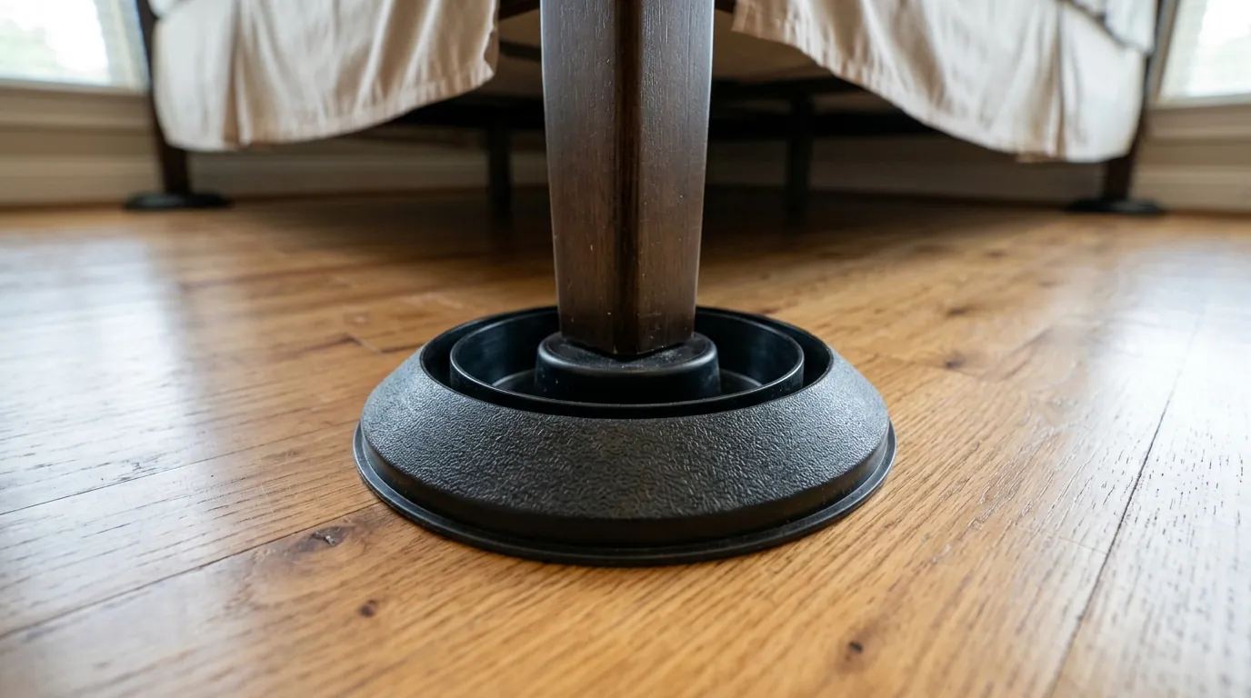 Bed bug monitor under a bed leg in a Conroe home