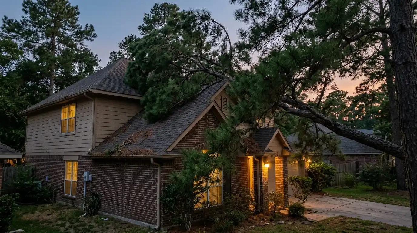 Pine branches touching a Conroe roofline