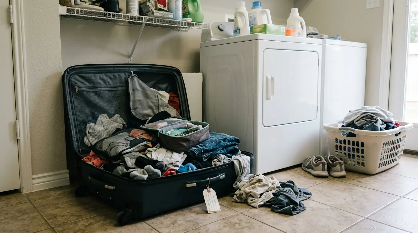 Unpacking luggage in the laundry room after travel