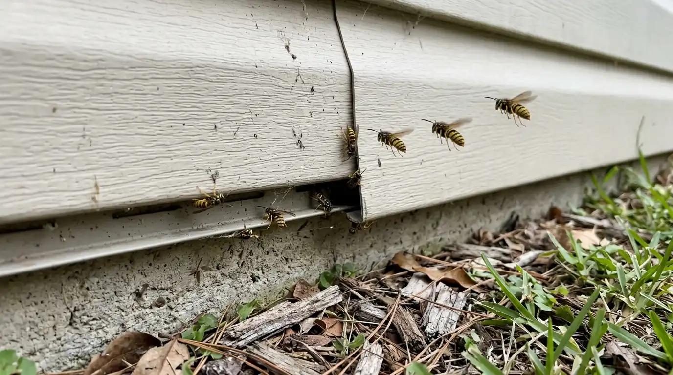 Yellow jacket wall-void entrance at a Conroe home